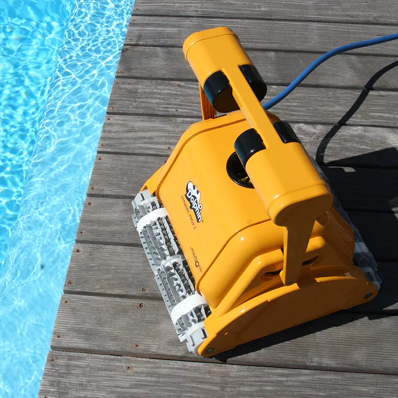 Dolphin Dynamic PRO X 2 mit Combi-Bürste, Caddy und Funk-Fernbedienung. Für große Pools und Hotel-Bäder.